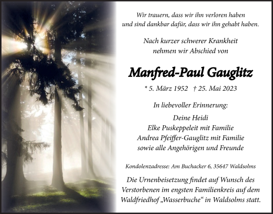 Traueranzeige von Manfred-Paul Gauglitz von Wetterauer Zeitung