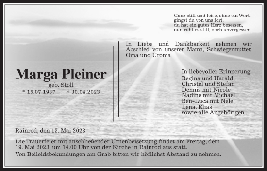 Traueranzeige von Marga Pleiner von Kreis-Anzeiger