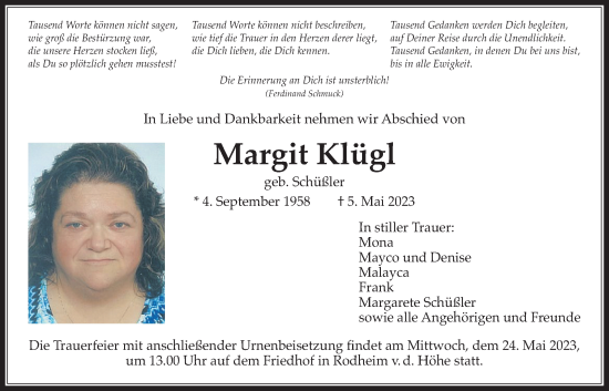 Traueranzeige von Margit Klügl von Wetterauer Zeitung