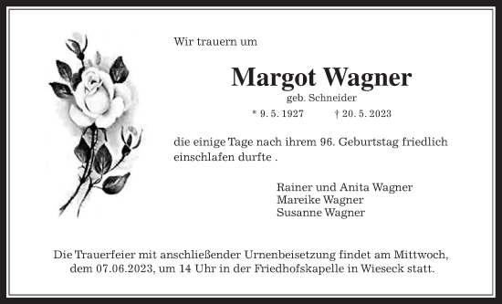 Traueranzeige von Margot Wagner von Giessener Allgemeine, Alsfelder Allgemeine, Giessener Anzeiger, Giessener Allgemeine, Alsfelder Allgemeine, Giessener Anzeiger