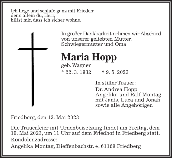 Traueranzeige von Maria Hopp von Wetterauer Zeitung