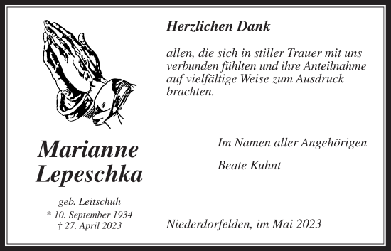 Traueranzeige von Marianne Lepeschka von Bad Vilbel/Karben