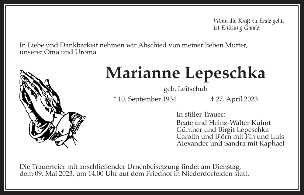  Traueranzeige für Marianne Lepeschka vom 04.05.2023 aus Bad Vilbel/Karben