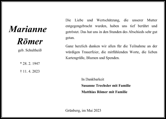 Traueranzeige von Marianne Römer von Giessener Allgemeine, Alsfelder Allgemeine, Giessener Anzeiger
