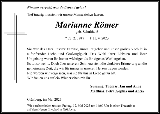 Traueranzeige von Marianne Römer von Giessener Anzeiger, Giessener Allgemeine, Alsfelder Allgemeine