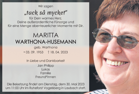 Traueranzeige von Maritta Warthona-Husemann von Giessener Allgemeine, Alsfelder Allgemeine, Giessener Anzeiger, Giessener Allgemeine, Alsfelder Allgemeine, Giessener Anzeiger