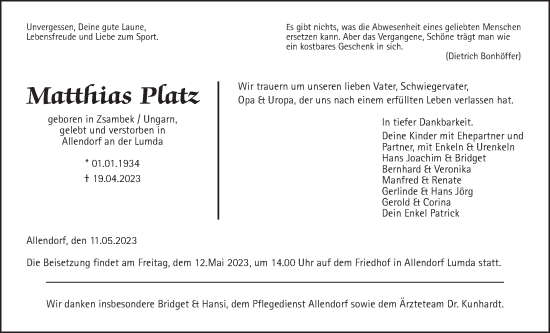 Traueranzeige von Matthias Platz von Allendorfer Mitteilungen