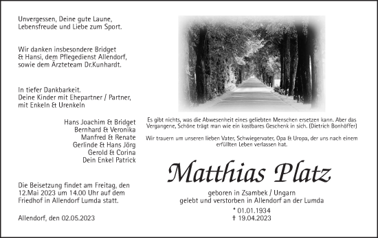 Traueranzeige von Matthias Platz von Wetterauer Zeitung, Giessener Allgemeine, Alsfelder Allgemeine
