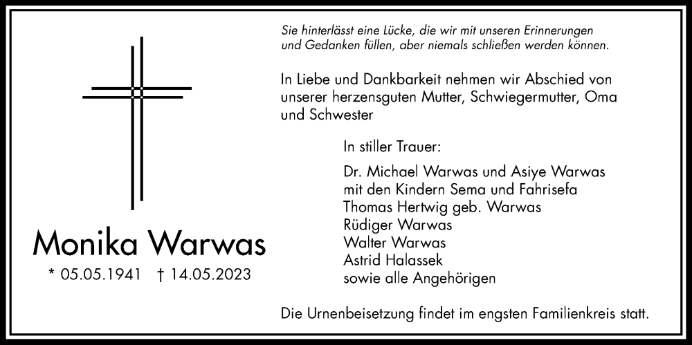 Traueranzeige für Monika Warwas vom 25.05.2023 aus Bad Vilbel/Karben