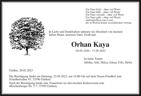 Traueranzeige von Orhan Kaya von Giessener Allgemeine, Alsfelder Allgemeine, Giessener Anzeiger