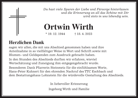 Traueranzeige von Ortwin Wirth von Usinger Anzeiger