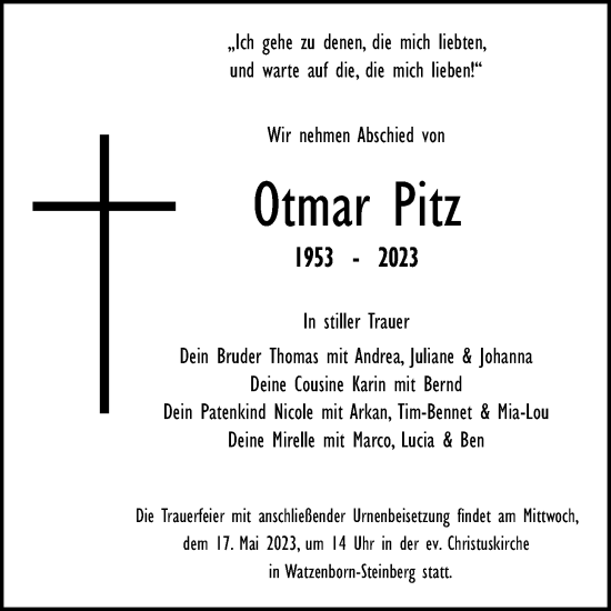 Traueranzeige von Otmar Pitz von Alsfelder Allgemeine, Giessener Anzeiger, Giessener Allgemeine