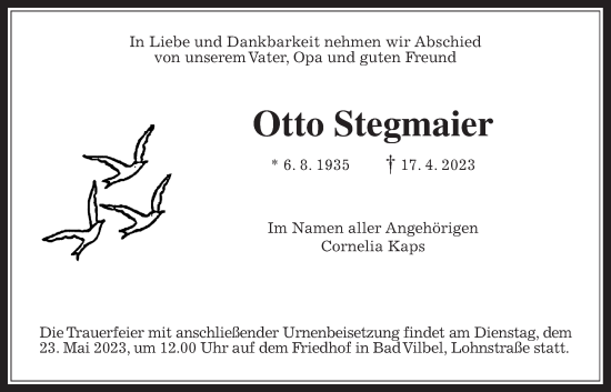 Traueranzeige von Otto Stegmaier von Bad Vilbel/Karben