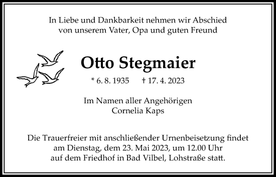 Traueranzeige von Otto Stegmaier von Bad Vilbel/Karben