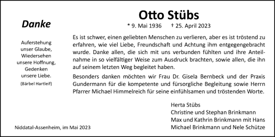 Traueranzeige von Otto Stübs von Wetterauer Zeitung