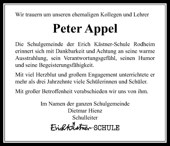 Traueranzeige von Peter Appel von Wetterauer Zeitung