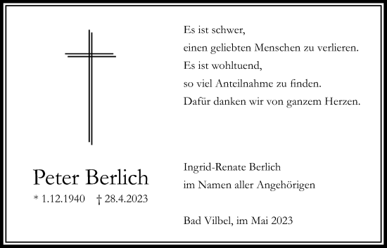 Traueranzeige von Peter Berlich von Bad Vilbel/Karben