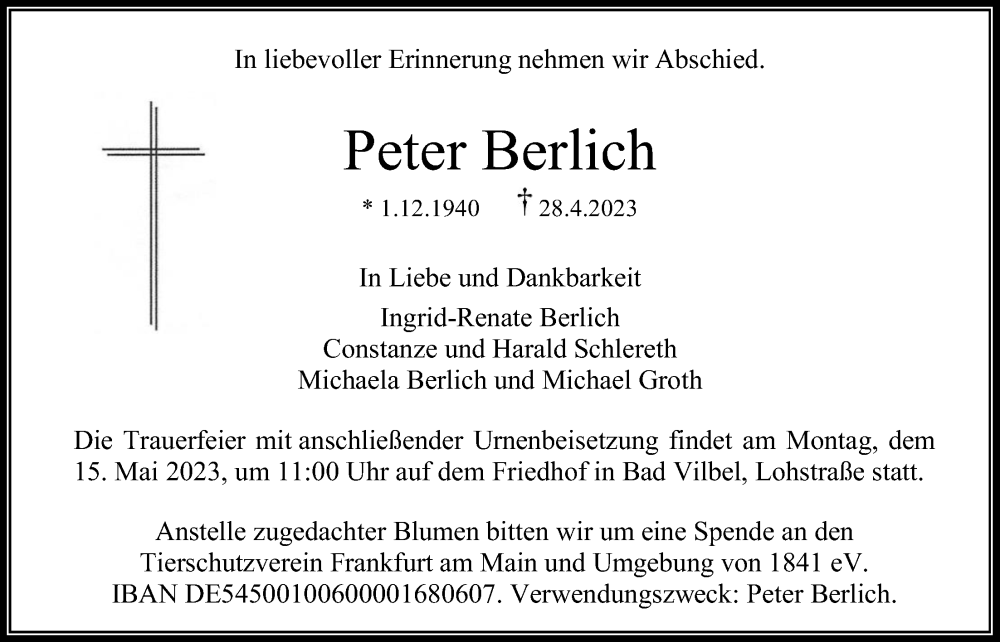  Traueranzeige für Peter Berlich vom 11.05.2023 aus Bad Vilbel/Karben