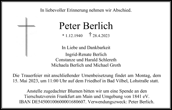 Traueranzeige von Peter Berlich von Wetterauer Zeitung