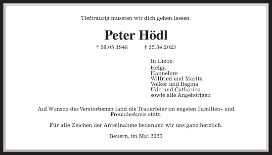 Traueranzeige von Peter Hödl von Giessener Anzeiger, Giessener Allgemeine, Alsfelder Allgemeine
