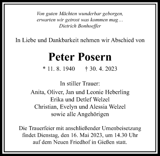 Traueranzeige von Peter Posern von Giessener Anzeiger, Giessener Allgemeine, Alsfelder Allgemeine