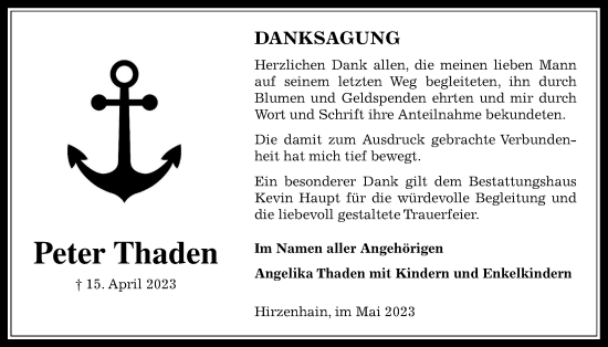 Traueranzeige von Peter Thaden von Kreis-Anzeiger