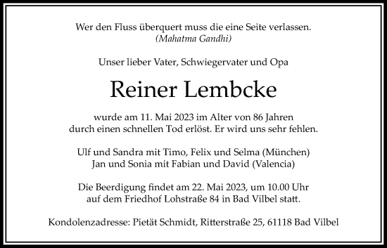 Traueranzeige von Reiner Lembcke von Bad Vilbel/Karben