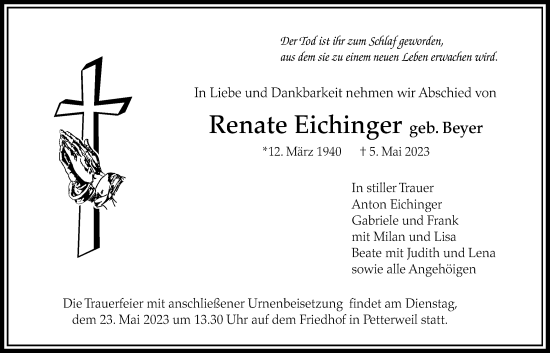 Traueranzeige von Renate Eichinger von Bad Vilbel/Karben, Wetterauer Zeitung
