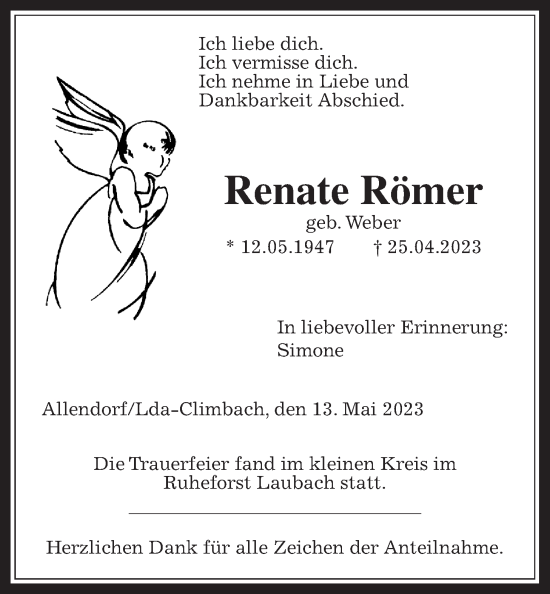 Traueranzeige von Renate Römer von Giessener Allgemeine, Alsfelder Allgemeine