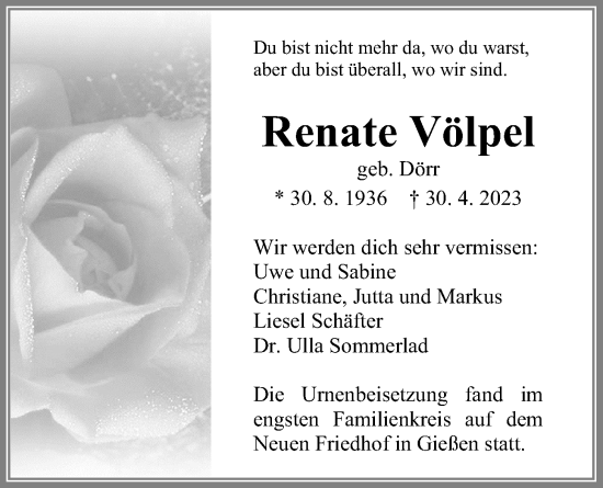 Traueranzeige von Renate Völpel von Giessener Allgemeine, Alsfelder Allgemeine