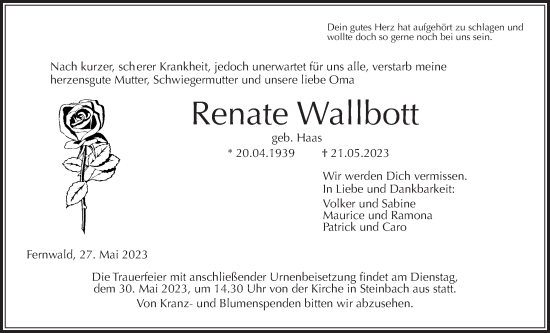 Traueranzeige von Renate Wallbott von Giessener Allgemeine, Alsfelder Allgemeine, Giessener Anzeiger