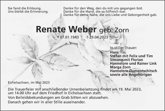 Traueranzeige von Renate Weber von Kreis-Anzeiger
