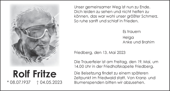 Traueranzeige von Rolf Fritze von Wetterauer Zeitung