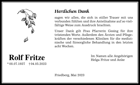 Traueranzeige von Rolf Fritze von Wetterauer Zeitung