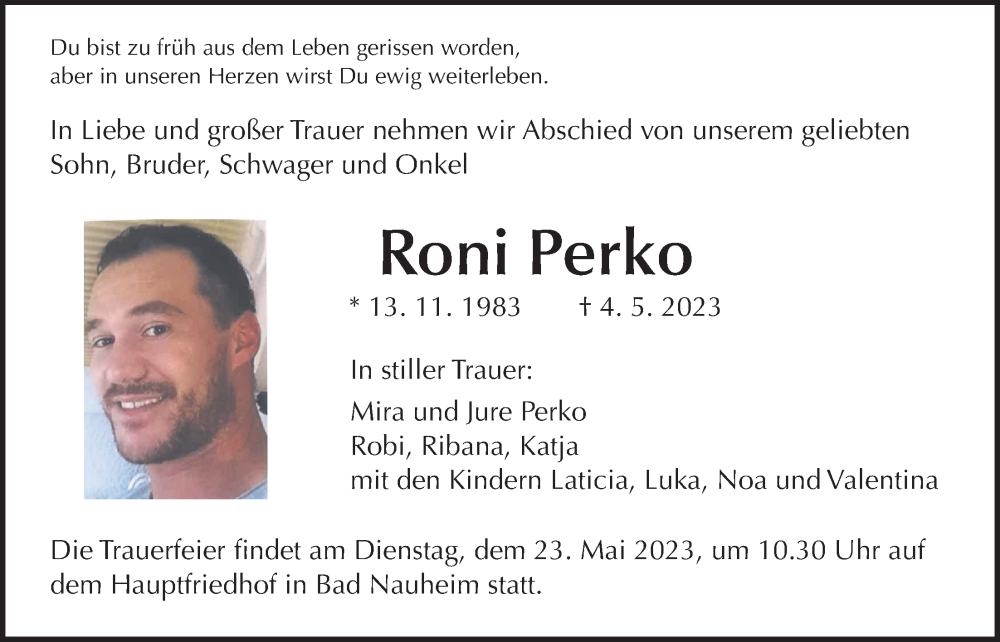  Traueranzeige für Roni Perko vom 13.05.2023 aus Wetterauer Zeitung