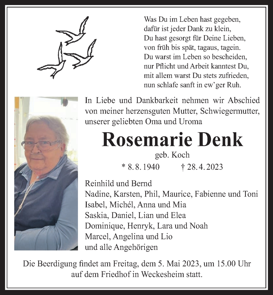  Traueranzeige für Rosemarie Denk vom 03.05.2023 aus Wetterauer Zeitung