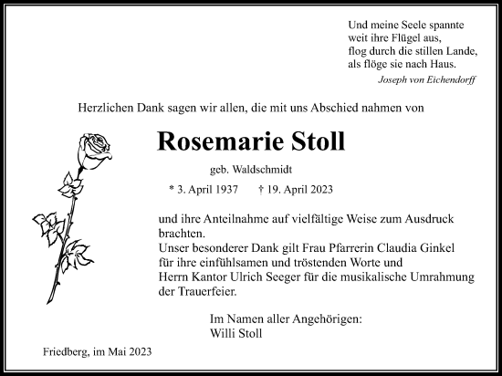 Traueranzeige von Rosemarie Stoll von Wetterauer Zeitung