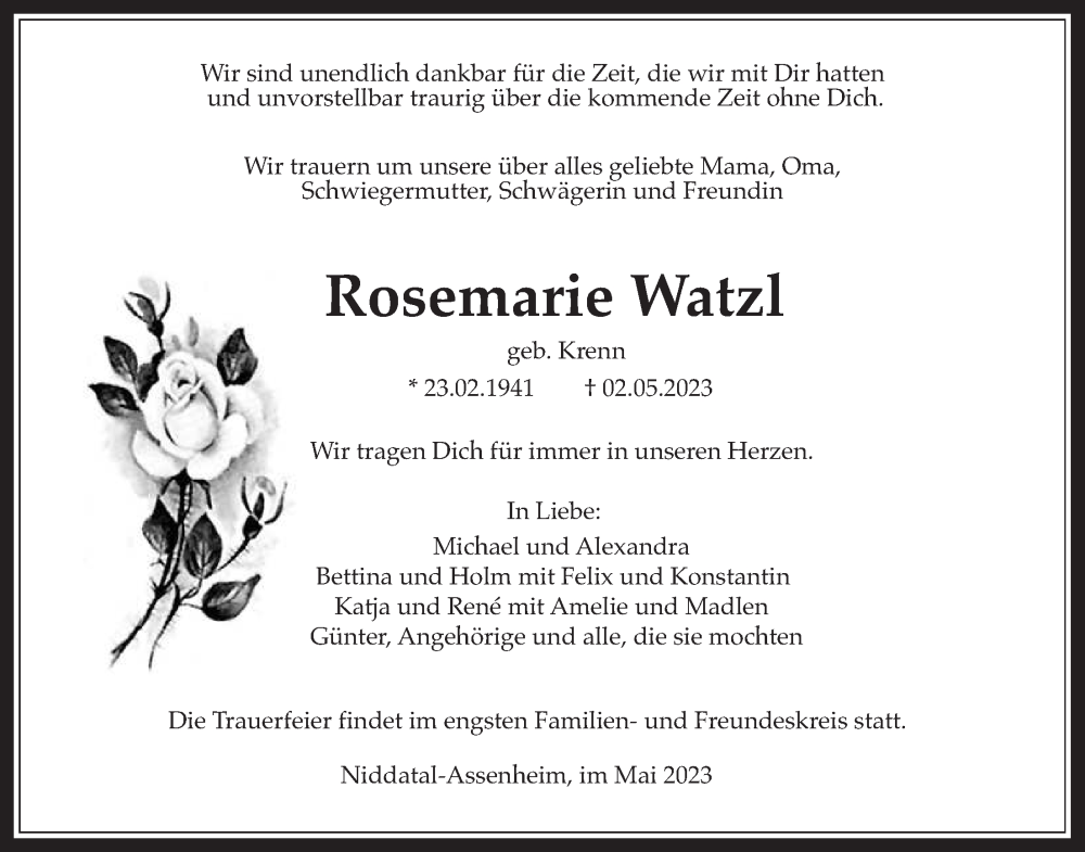  Traueranzeige für Rosemarie Watzl vom 13.05.2023 aus Wetterauer Zeitung