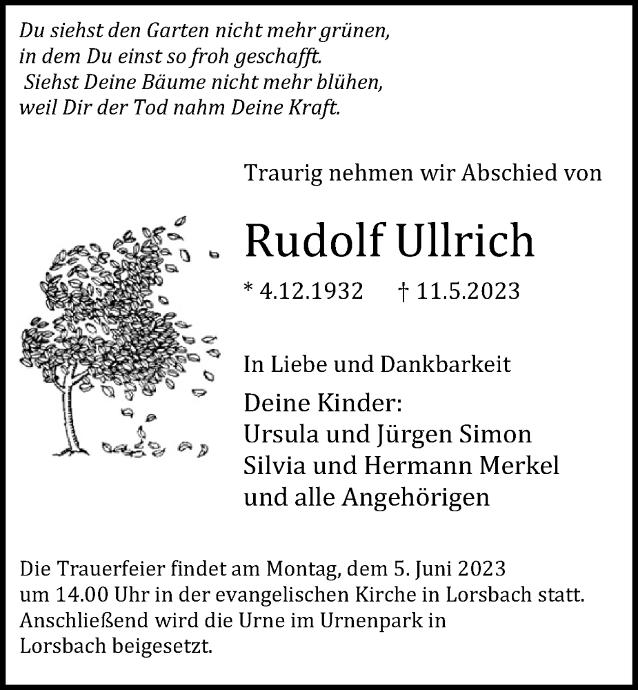  Traueranzeige für Rudolf Ullrich vom 26.05.2023 aus 