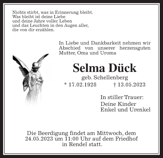 Traueranzeige von Selma Dück von Bad Vilbel/Karben