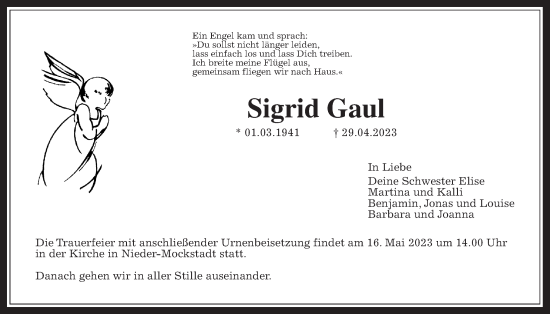 Traueranzeige von Sigrid Gaul von Kreis-Anzeiger