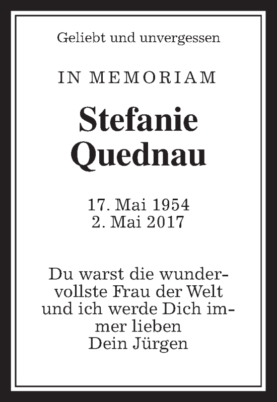 Traueranzeige von Stefanie Quednau von Wetterauer Zeitung