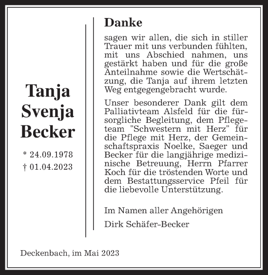 Traueranzeige von Tanja Svenja Becker von Alsfelder Allgemeine