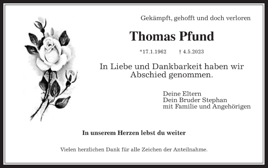 Traueranzeige von Thomas Pfund von Giessener Allgemeine, Alsfelder Allgemeine, Giessener Anzeiger
