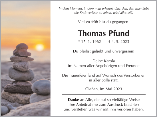 Traueranzeige von Thomas Pfund von Giessener Allgemeine, Alsfelder Allgemeine, Giessener Anzeiger