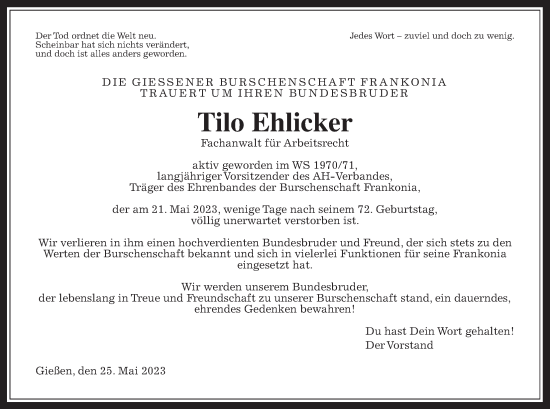 Traueranzeige von Tilo Ehlicker von Giessener Allgemeine, Alsfelder Allgemeine