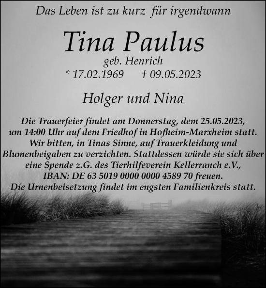 Traueranzeige von Tina Paulus 