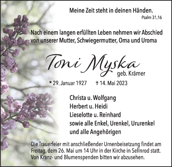 Traueranzeige von Toni Myska von Alsfelder Allgemeine, Mücker Stimme