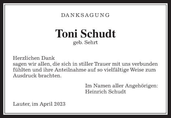 Traueranzeige von Toni Schudt von Giessener Allgemeine, Alsfelder Allgemeine, Laubacher Anzeiger