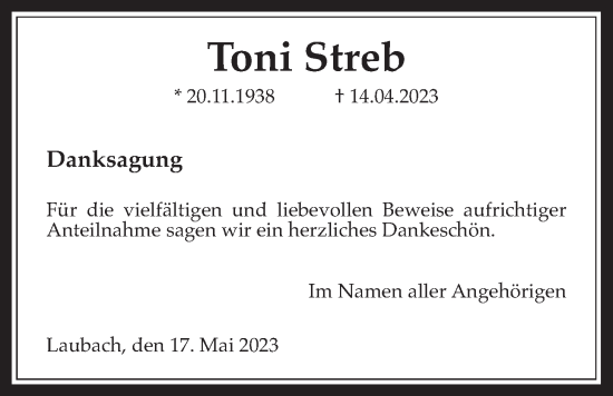 Traueranzeige von Toni Streb von Laubacher Anzeiger